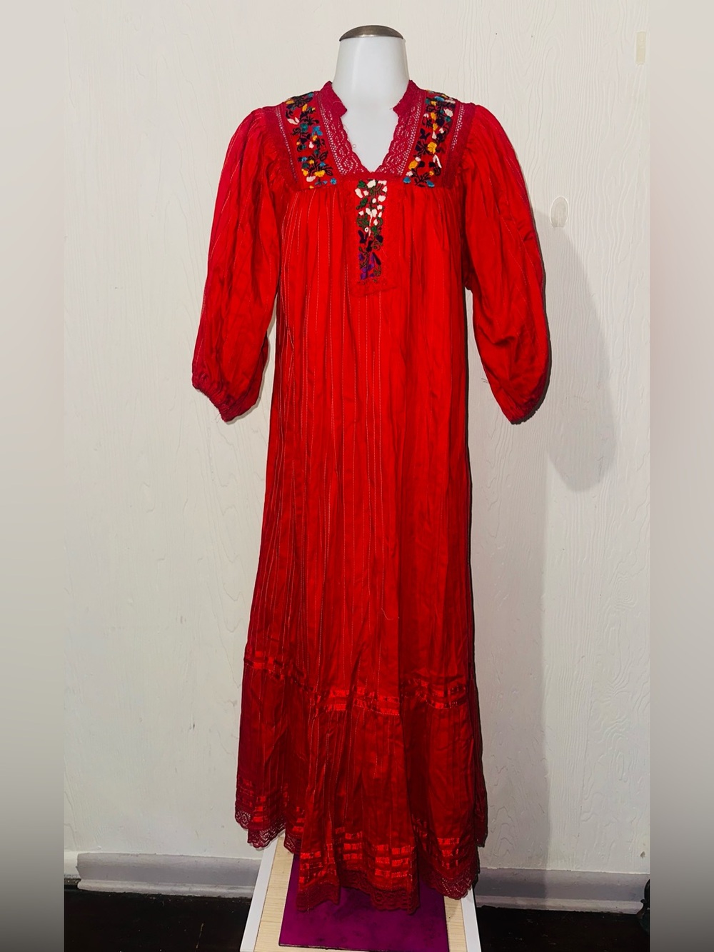 Hand Embroidered Mexican Oaxaca Floral Huipil Dress Red Boho Folk Art Dress M-L